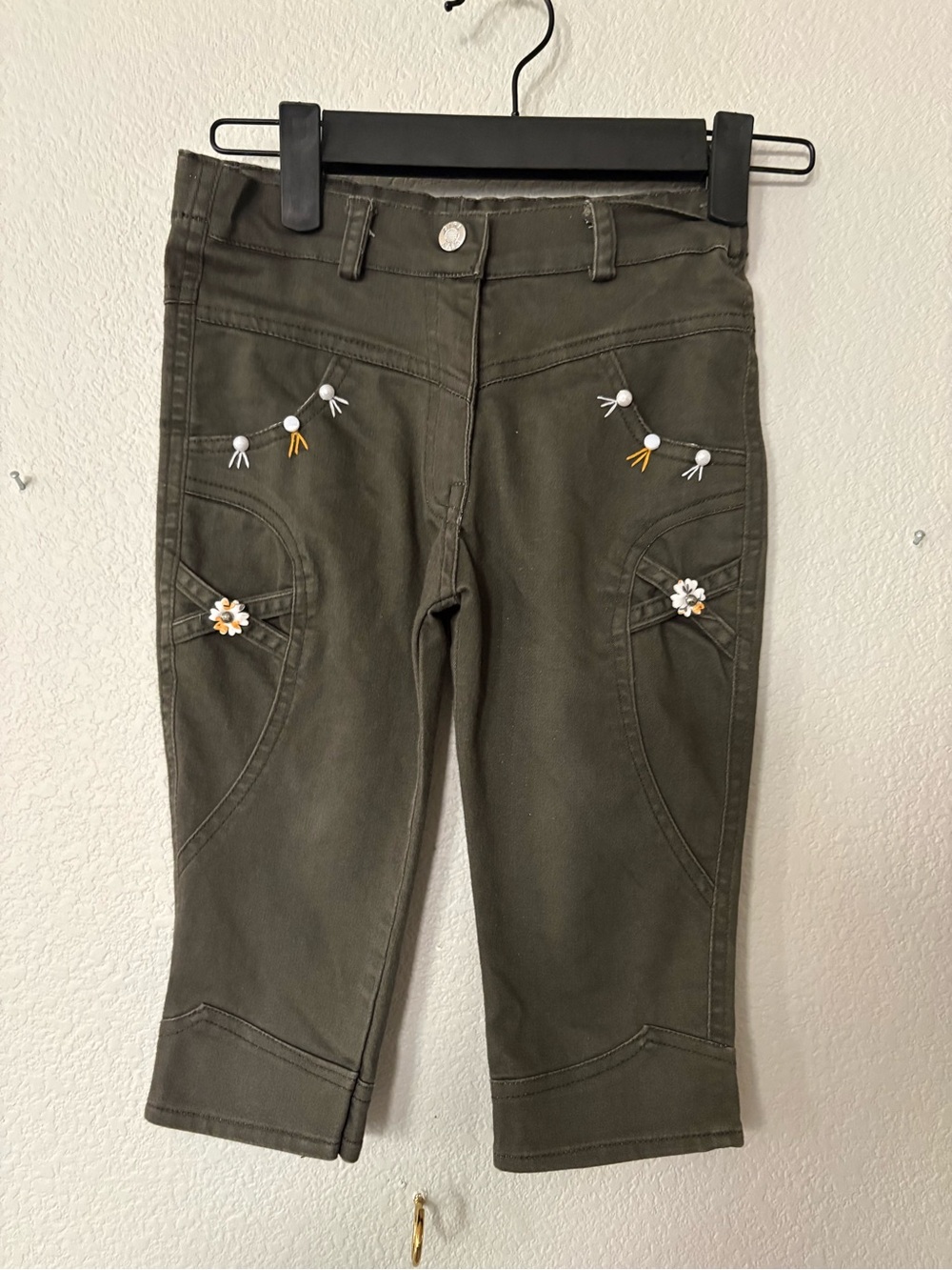 Toddler Girls Olive Green Embroidered Pants 2T